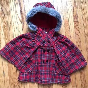 Plaid Wool Toddler Cape w/ Removable Fur Trim Hood